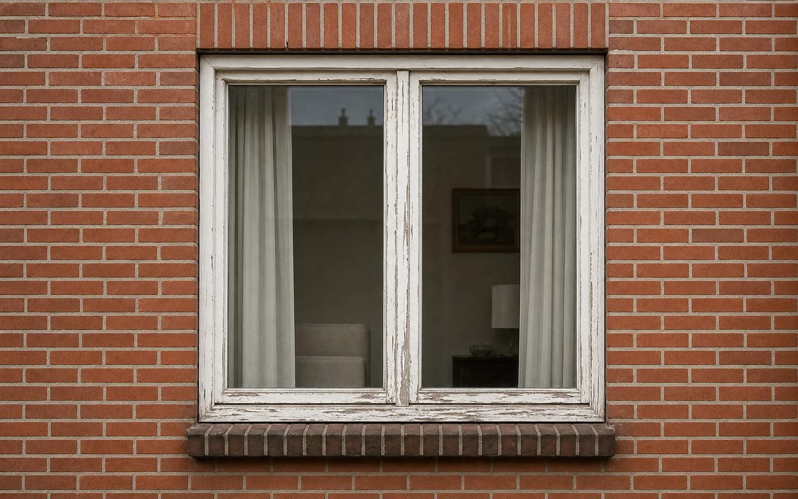 Voor: verouderd houten tweedelig kozijn